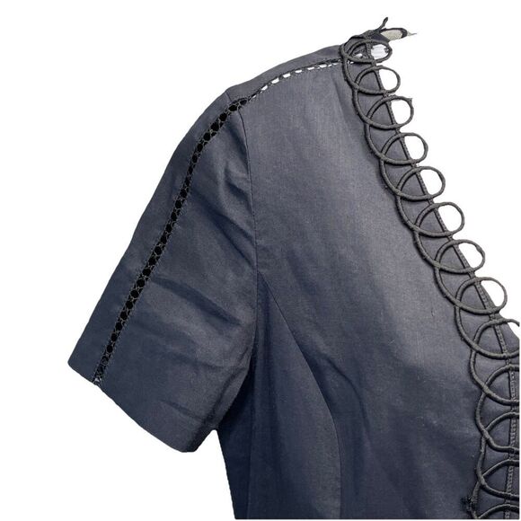 Elie Tahari Loretta Linen Sheath Dress Size 6 Navy Blend Scallop V-Neck Classy - Picture 5 of 15